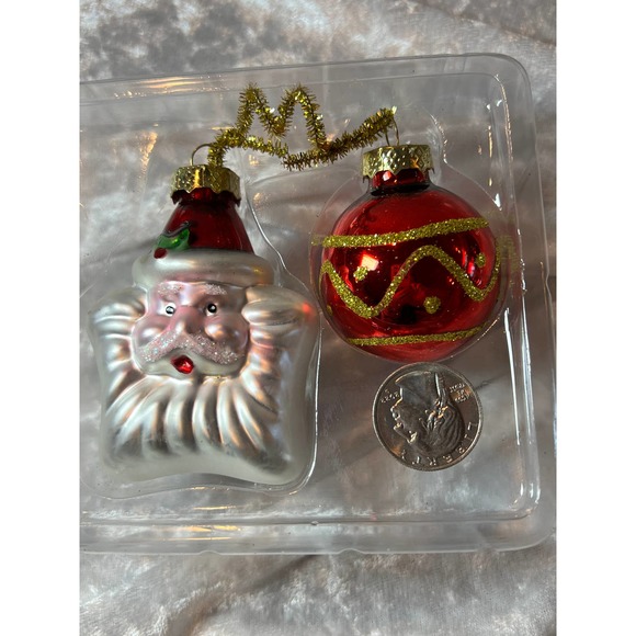 Christmas House Handpainted Blown Glass Ornaments Set of 2 Santa & Red Ball - Picture 1 of 4